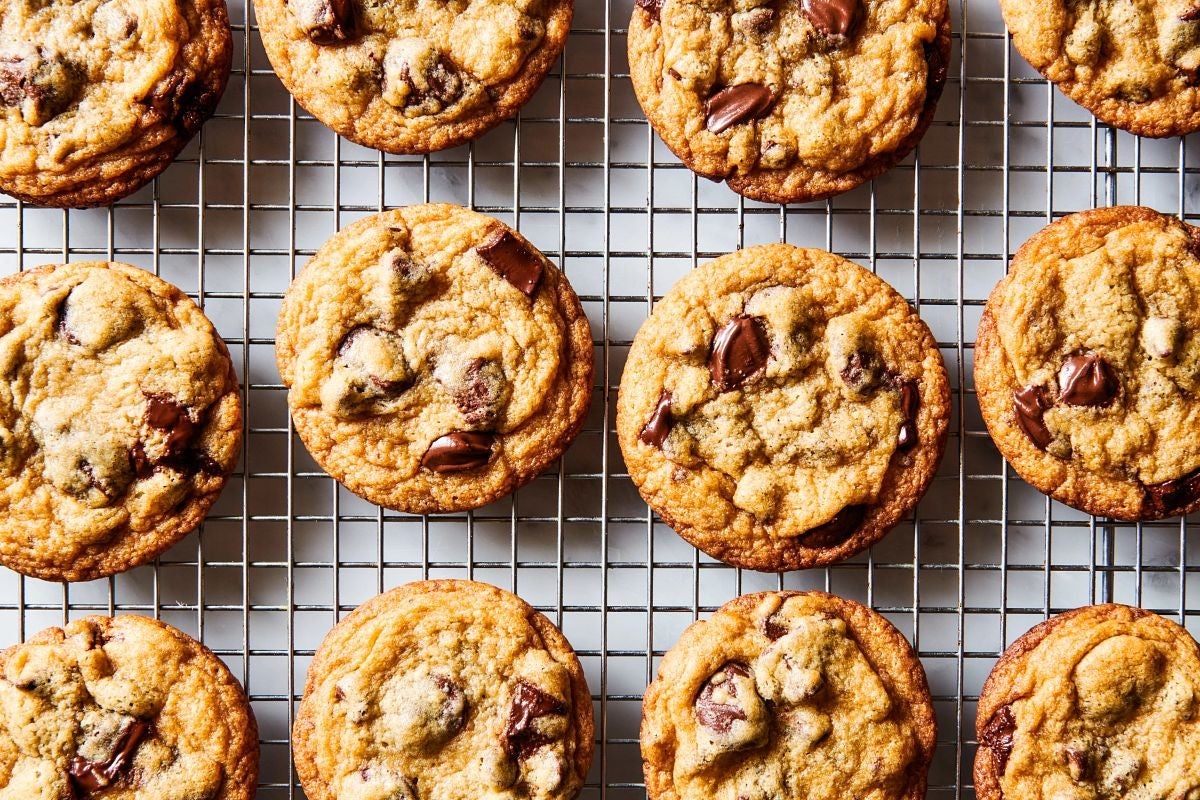 Chocolate chip cookies on a cooling rack