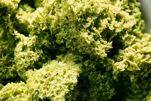 Green macha cake pulled apart to look like moss.