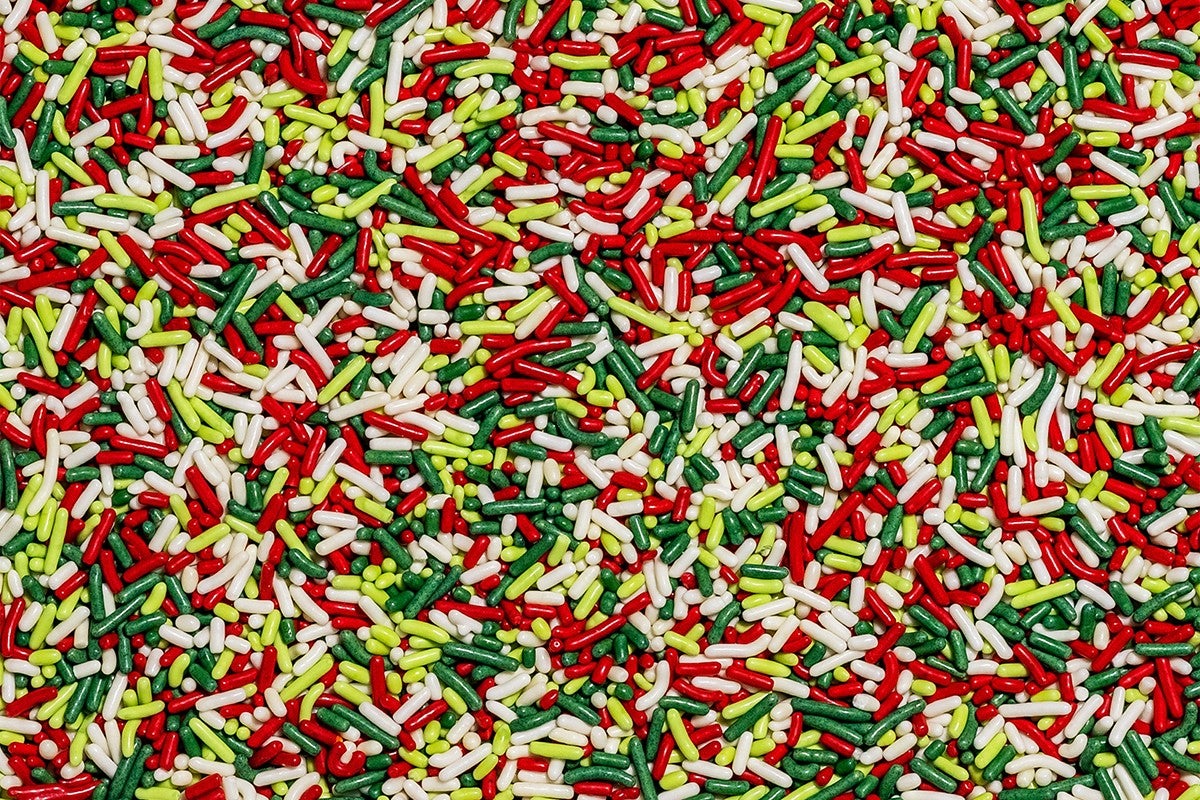 Closeup of green, red, and white sprinkles