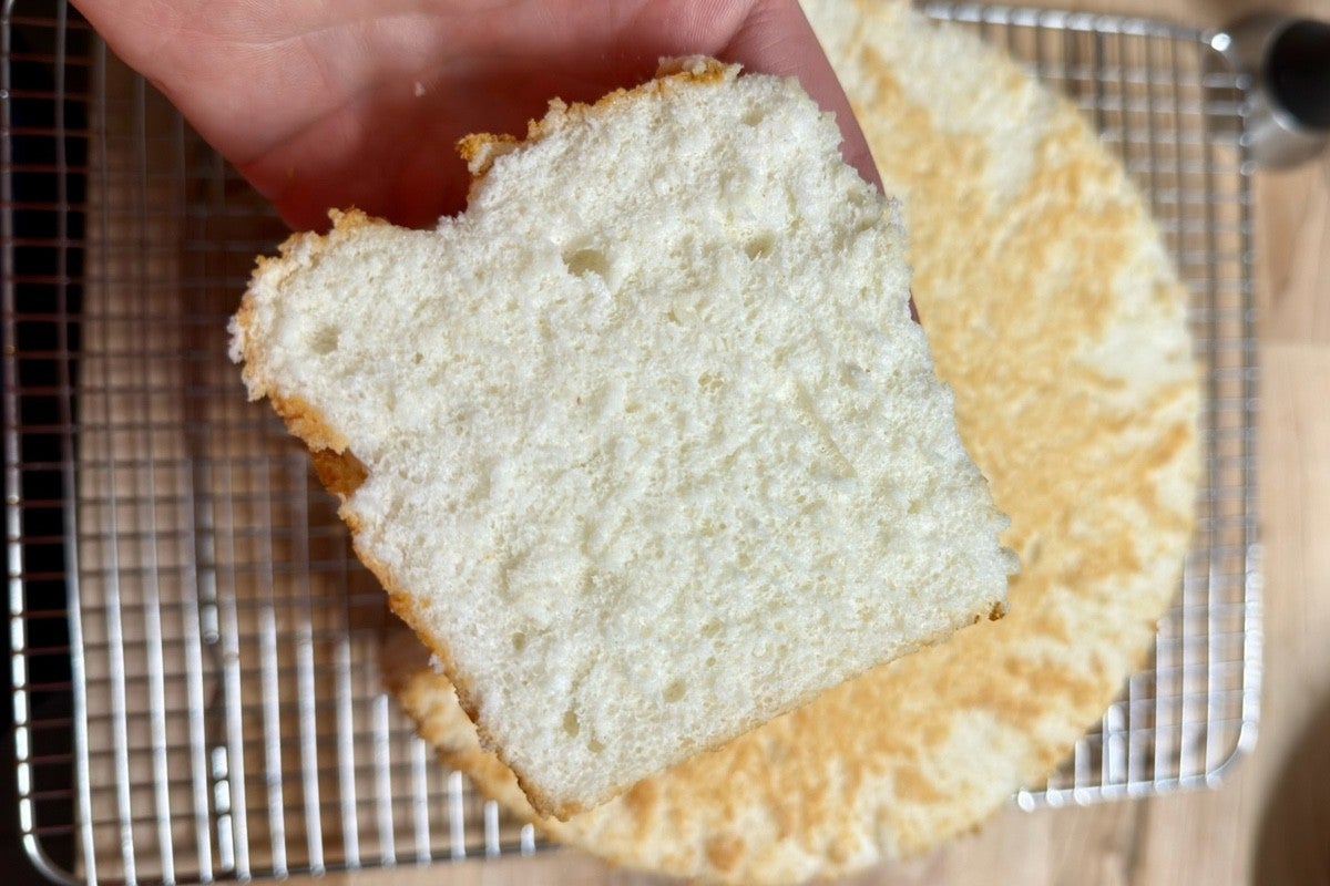 Slice of angel food cake, after being cooled upside down