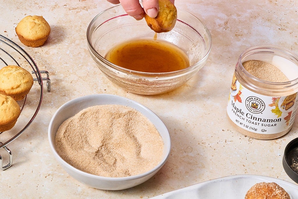 Dipping and coating Maple French Toast Mini Muffins