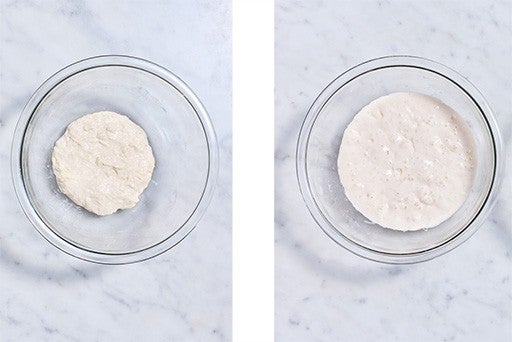 Levain in a clear bowl showing a before and after doubling.