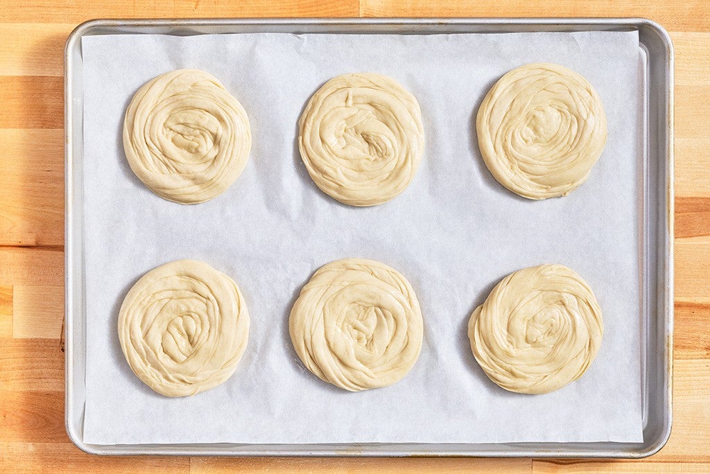 Thousand Layer Mo dough on a sheet pan ready to go into the oven.