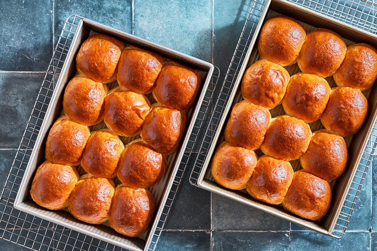 Big Batch Milk Bread Rolls in two baking pans