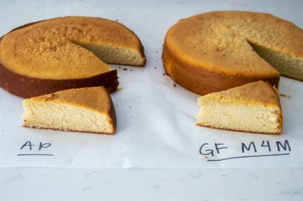 All-purpose flour cake with slice cut out next to gluten-free cake with slice cut out