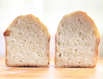 Cross sections of two loaves of sourdough bread, one risen slightly more than the other.