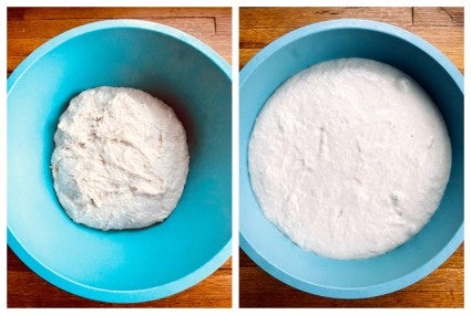 Two shots: one of unrisen sourdough dough in a bowl, one 11 hours later, after it's risen.