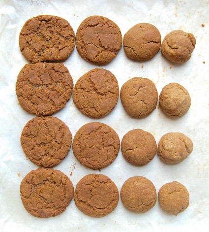 Four rows of cookies showing the results of reducing sugar in the dough: the ess sugar in the dough, the less the cookies spread and the lighter colored they are.