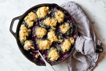 Baked blueberry grunt in cast iron pan