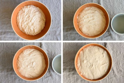 Four photos showing bread dough development over course of folds