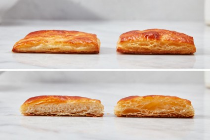 Laminated dough baked in sheets, side by side, comparing more folds and fewer