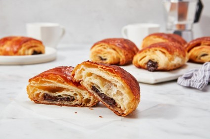 Pain au chocolat made with fewer folds, showing a more open structure