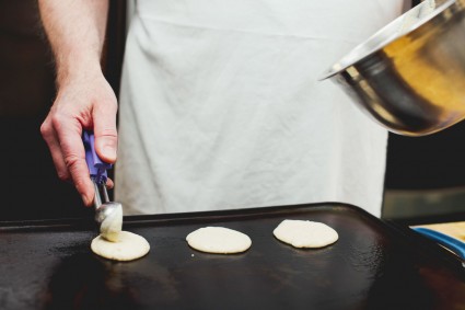 Portioning pancake mix with cookie scoop