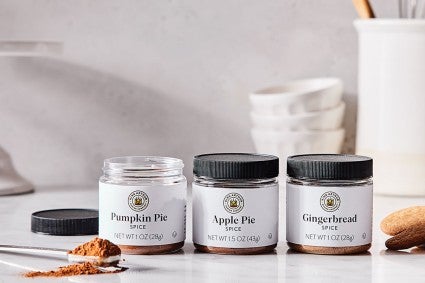 Pumpkin spice, apple spice, and gingerbread spice on counter