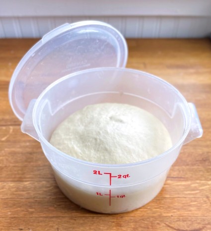 Translucent plastic dough-rising bucket with rising dough inside.