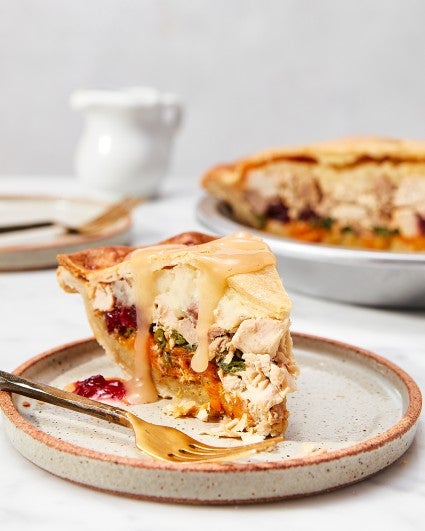 Plated slice of Turkey Dinner Pie 