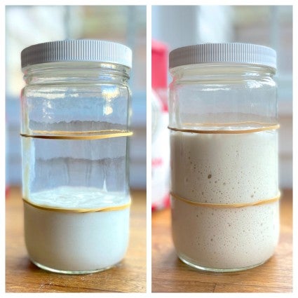 Two shots of sourdough starter in a jar, once right after it's been fed, once 8 hours later, when it's doubled in size.