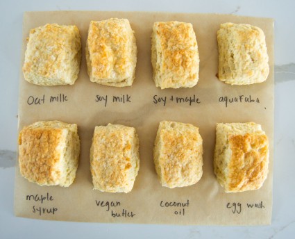 8 biscuits made with different washes to compare color and shine