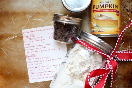 Homemade baking mix in a jar next to handwritten recipe instructions