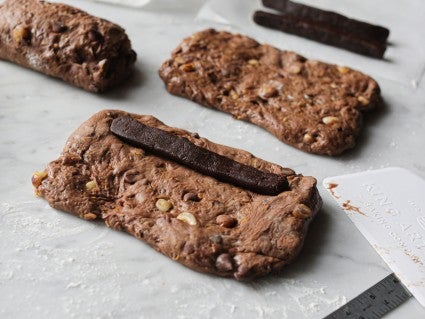 Chocolate stollen dough pieces with hazelnut paste