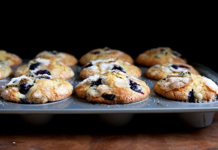 Blueberry muffins baked in a muffin pan