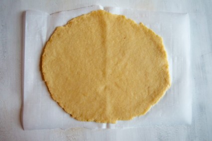 Circle of rolled out hot water pastry dough