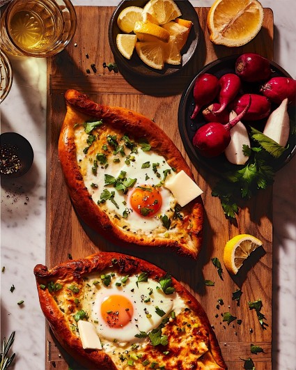 Khachapuri on a wooden serving board, garnishes on the side.