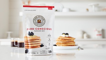 Carb-Conscious Pancake Mix in front of a stack of pancakes