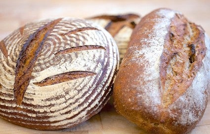 Two baked loaves of Pain au Levain.