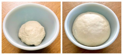 Two photos of levain in a bowl, one just created, one the next day doubled in size.