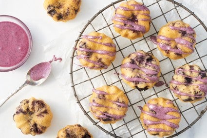 Lemon Cornmeal Cakes with freeze-dried blueberry glaze