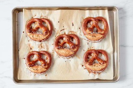 Baked pretzels on a baking sheet 