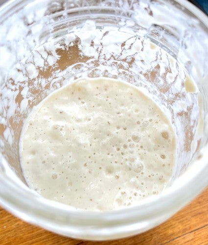 Bubbly sourdough starter in a clear glass jar