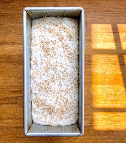 Shaped loaf of sourdough bread rising in a loaf pan.