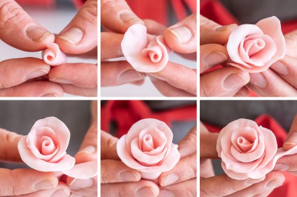 A step-by-step collage of how to make a modeling chocolate rose
