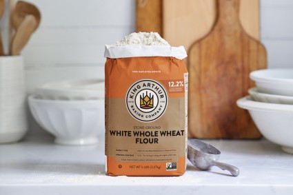 Bag of King Arthur white whole wheat flour on the counter