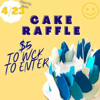 A yellow and blue graphic advertising a cake raffle