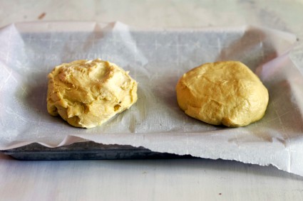 greasy broken brioche dough on the left, smooth and supple brioche dough on the right