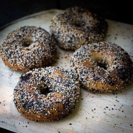 Bagels baked in a wood-fired oven.