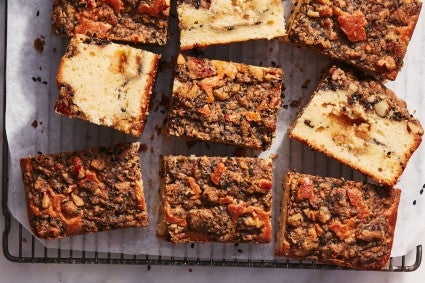 Square slices of Black Sesame Halva Coffeecake on cooling rack