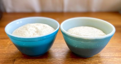 Two bowls of rising yeast dough, the dough made with instant yeast having risen higher than that made with active dry yeast.