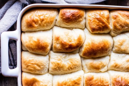 Baked Parker House Rolls in a baking dish