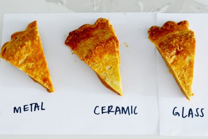 Three slices of overturned pie, each baked in a different pan material
