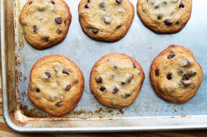 Chocolate chip cookies baked on an un-greased baking sheet