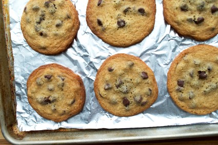 Chocolate chip cookies baked on aluminum foil