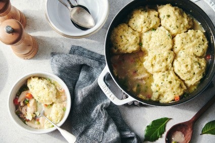 Overhead photo of a pan of Chicken and Dumplings. 