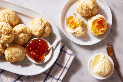 Dropped biscuits served with butter and jam