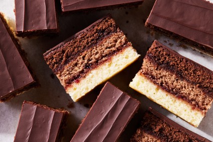 Close up of tri-colored Chocolate Ombre Cake Bars