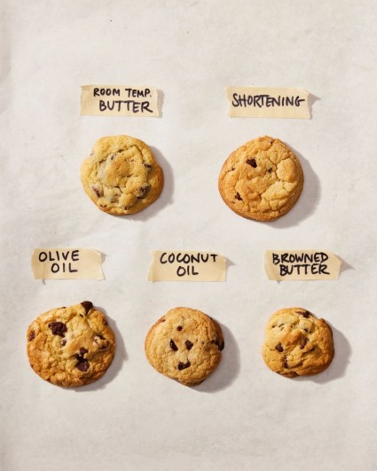 Five different kinds of chocolate chip cookies, each made with a different kind of fat