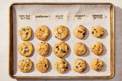 A matrix of chocolate chip cookies made with different kinds of fats
